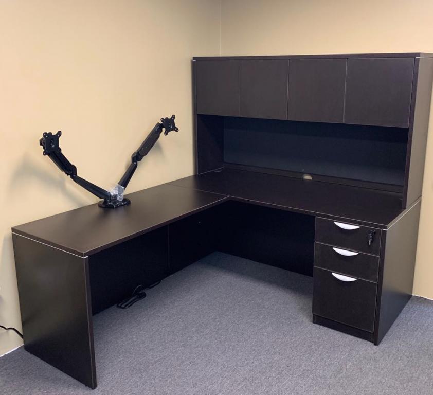 Used Office Desks : Dark L shaped desk at Furniture Finders