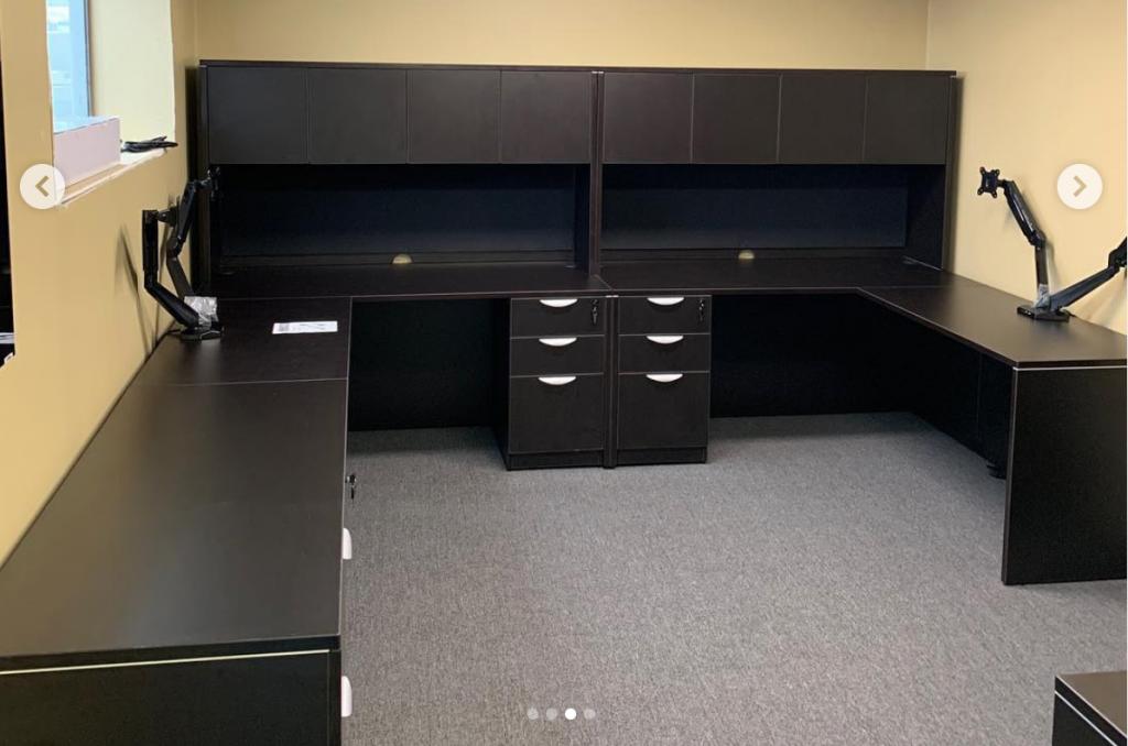 Used Office Desks : Dark L shaped desk at Furniture Finders